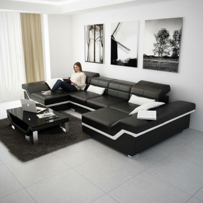 Grouss Ledergarnitur Polster Neit Ledersofa XXL Sofa mat USB Ecksofa Wunnlandschaft