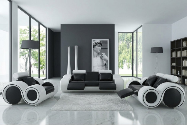 Ledercouch mat USB Wunnkultur 3+2+1 Sëtz Garnitur Design Modern Sofa A1163D