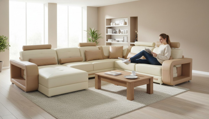 Eck Couch + USB Polster Eck Wunnzëmmer Landschaft Designer Canapéën Textil A1135