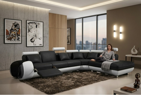 LEDERSOFA LEDERCOUCH mat USB GARNITUR SOFA WUNNLOANDSCHAFT SCHWÄRZ/WÄISS Couch Neit
