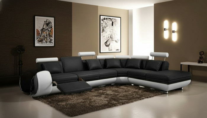 LEDERSOFA LEDERCOUCH mat USB GARNITUR SOFA WUNNLOANDSCHAFT SCHWÄRZ/WÄISS Couch Neit