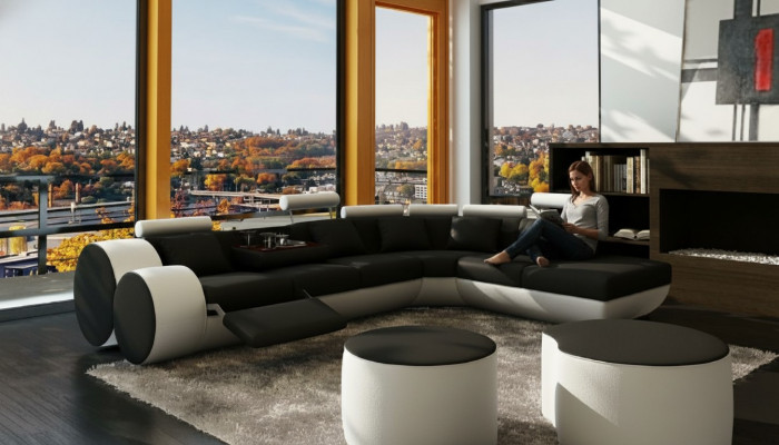 Ledersofa Ledercouch USB Garnitur XXL Wunnlandschaft Ecksofa Moossfabrikatioun