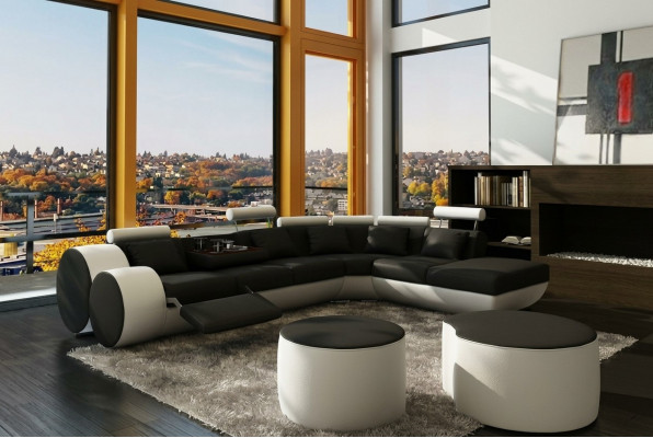 Ledersofa Ledercouch USB Garnitur XXL Wunnlandschaft Ecksofa Moossfabrikatioun