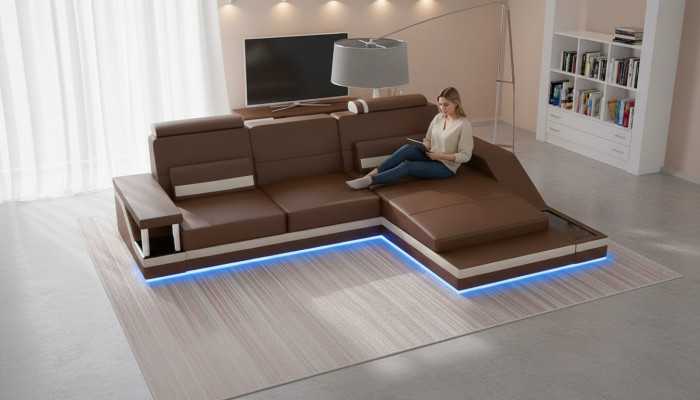 Ecksofa Wunnlandschaft Canapé +USB Eck Garnitur Lieder Textil Stoff Moossanfertigung