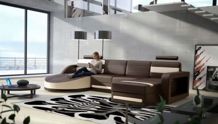 WOHNLANDSCHAFT LEDERSOFA XXL ECKSOFA + USB GARNITUR ECKCOUCH Moosmaach