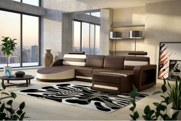 WOHNLANDSCHAFT LEDERSOFA XXL ECKSOFA + USB GARNITUR ECKCOUCH Moosmaach