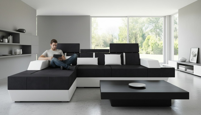 Textilcanapé Eckcanapé Stoffcanapé Canapé + USB Wunnlandschaft Polster Moosschneiderei