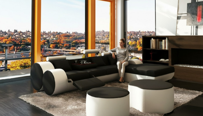 Designer Ledersofa Garnitur mat USB, Lieder Ecksofa Wunnlandschaft Liedercouch