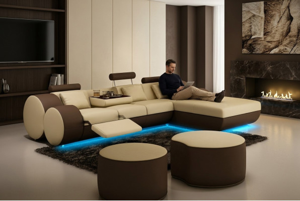 Designer Lieder Eckcanapé Wunnlandschaft Ledercouch+ USB Garnitur Eckcanapé Madrid