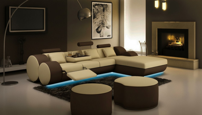 Designer Lieder Eckcanapé Wunnlandschaft Ledercouch+ USB Garnitur Eckcanapé Madrid