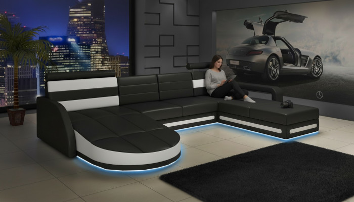 XXL WUNNLANDSCHAFT CANAPÉ GARNITUR DESIGN ECKCANAPÉ Schwaarz LEDERSOFA mat USB Nei