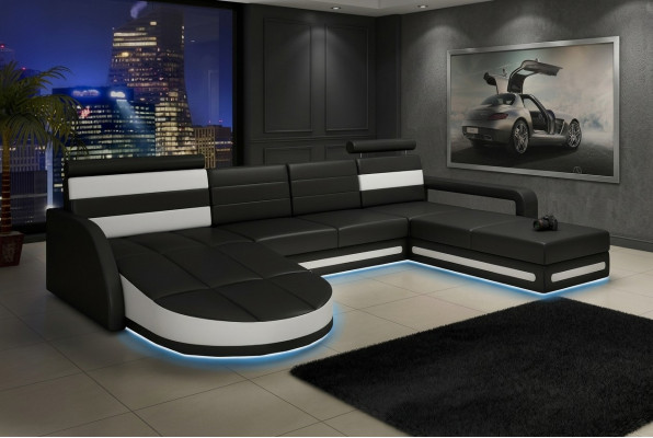 XXL WUNNLANDSCHAFT CANAPÉ GARNITUR DESIGN ECKCANAPÉ Schwaarz LEDERSOFA mat USB Nei