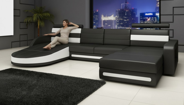 Ecksofa Canapé mat USB, Polster U-Form Wunnlandschaft Ecksofa XXL Schwaarz Nei