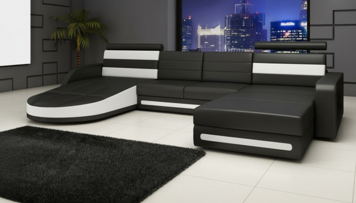 Ecksofa Canapé mat USB, Polster U-Form Wunnlandschaft Ecksofa XXL Schwaarz Nei