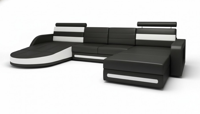 Ecksofa Canapé mat USB, Polster U-Form Wunnlandschaft Ecksofa XXL Schwaarz Nei