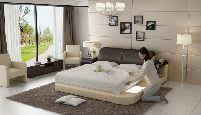 Design Bett XXL Grouss Better Lieder Polster Hotel 200x200cm Multifunktioun Regal USB