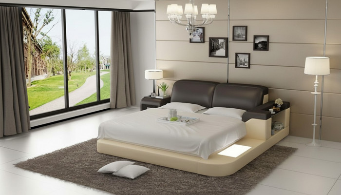 Design Bett XXL Grouss Better Lieder Polster Hotel 200x200cm Multifunktioun Regal USB