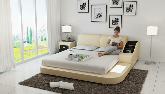 Design Bett XXL Grouss Better Lieder Hotel Gepolstert 160x200cm Multifunktioun Regal USB