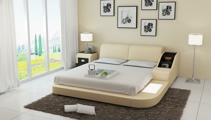 Design Bett XXL Grouss Better Lieder Hotel Gepolstert 160x200cm Multifunktioun Regal USB