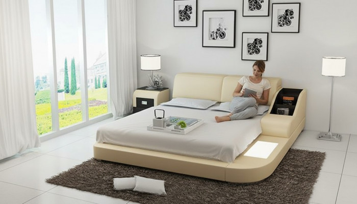 Design Bett XXL Grouss Better Lieder Polster Hotel 160x200cm Multifunktioun Regal USB