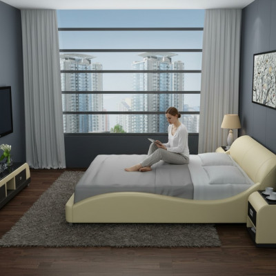 Design Polster Duebelbett Modern Better Schlofzëmmer mat USB & Regal 200x210 cm