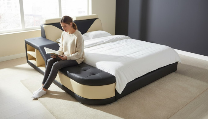 Design Multifunktiounsbett XXL Grouss Better Lieder Hotel Polster 180x200 Regal USB