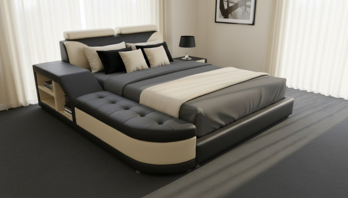 Design Multifunktiounsbett XXL Grouss Better Lieder Hotel Polster 180x200 Regal USB