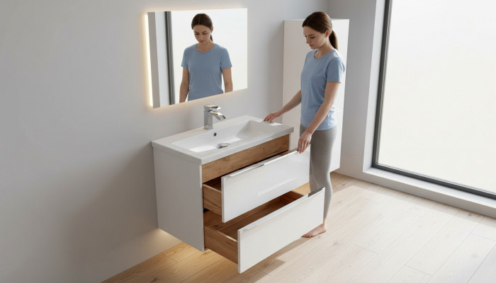 Buedzëmmermiwwel Set 80cm Wäschbecken mat Ënnerschaf Wäschdësch Schief Schaf Hänkschaf
