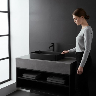 Schwaarzt Kermikswäschbecken opgesetzten Dëschplacke Lavabo Becken