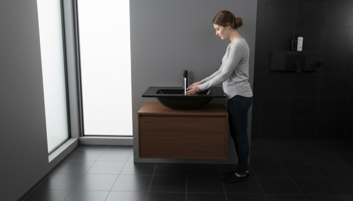 Keramik Wueschbecken Wueschtësch Anbau Schwaarz Plack Design Becken