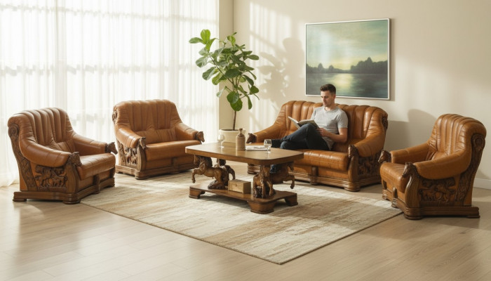 Wunnzëmmer Sofagarnitur Couch Sëtz Sofa Lieder Holz 3+2 Set Garnitur Neien