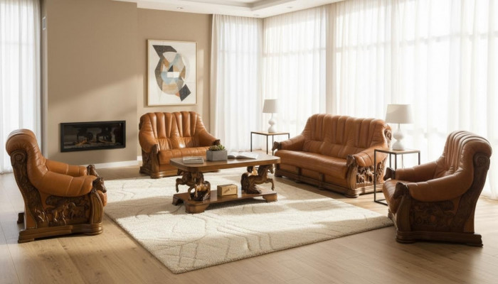 Wunnzëmmer Sofagarnitur Couch Sëtz Sofa Lieder Holz 3+2 Set Garnitur Neien
