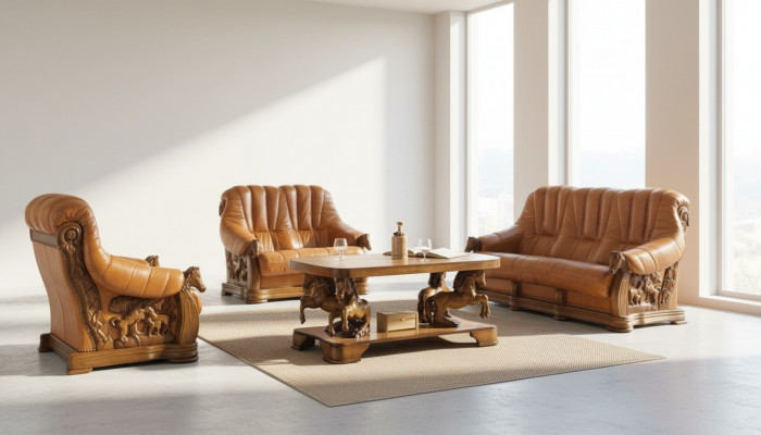 Klassesch Dräisëtzer Couch Polstersofa 100% Echt Lieder Holz (ouni 2+1) Nei
