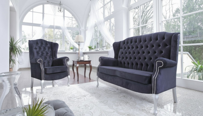 Klassesch Chesterfield Sofagarnitur 3+2 Sëtzer Sofa Couch Polster Samt Textil