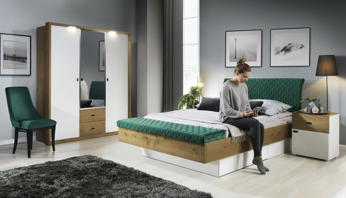 Set Designer Polsterbett Bett Better Stoff Ehebett Designerbett Nuetsdësch 2 Stéck.
