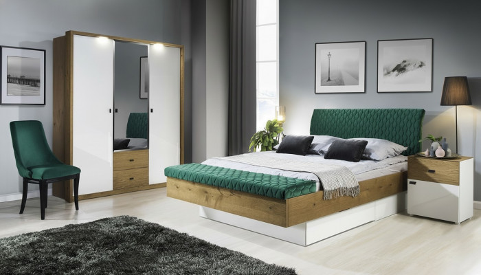 Set Designer Polsterbett Bett Better Stoff Ehebett Designerbett Nuetsdësch 2 Stéck.
