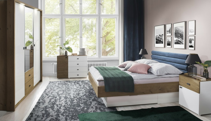 Design-Schlofzëmmer 5-Stéck Set Bett, Nuetsdëscher, Kommode, Kleederschaf
