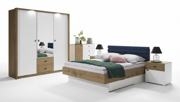 Design-Schlofzëmmer 5-Stéck Set Bett, Nuetsdëscher, Kommode, Kleederschaf