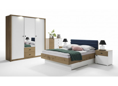 Design-Schlofzëmmer 5-Stéck Set Bett, Nuetsdëscher, Kommode, Kleederschaf