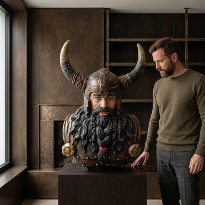 Bëscht Eines Krichser mat engem Helm 70cm Hoer Statu Wikinger Statuen Figuren