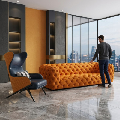 Extra Luxus Klass Sofa - Chesterfield Grouss XXL Canapé - Véiersëtzte Sëtz Këssen