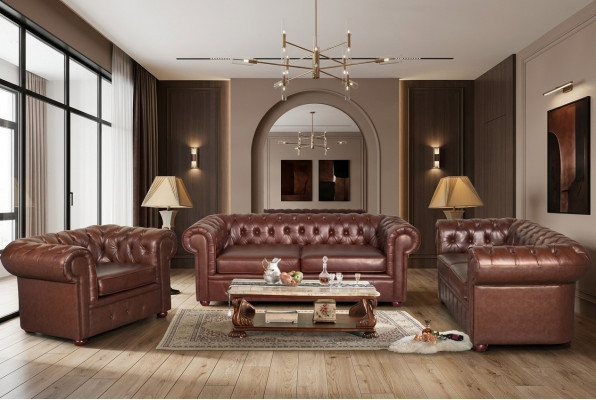 Klassesch brong Chesterfield Lieder Couche Polstersëtz Garnitur 3 Sëtzer