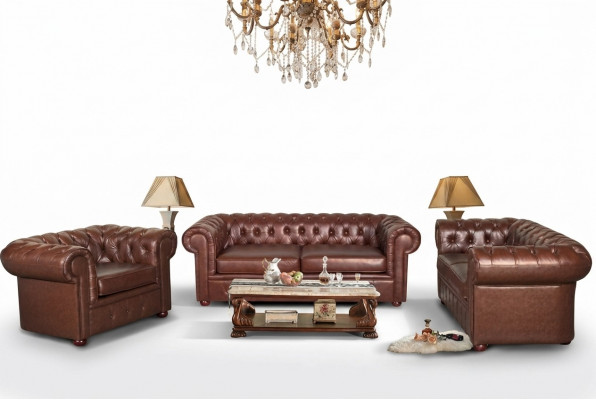 Klassesch brong Chesterfield Lieder Couche Polstersëtz Garnitur 3 Sëtzer