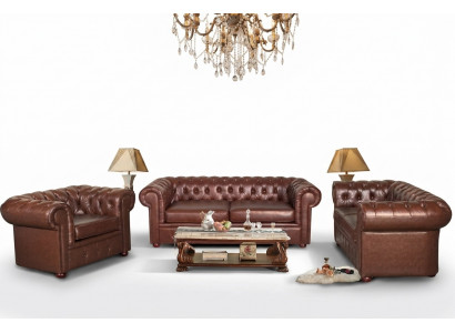 Klassesch brong Chesterfield Lieder Couche Polstersëtz Garnitur 3 Sëtzer