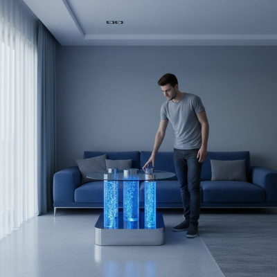 Waasser Design Dësch, Couchtisch Waassersäilen, Säule, Sofa Dëscher, LED.