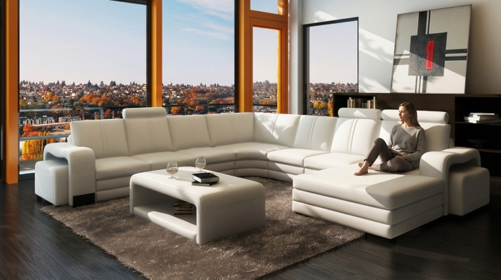 Grouss Wunnlandschaft Sofa Polster Eckgarnitur + Hocker Couch Dësch Komplett Set