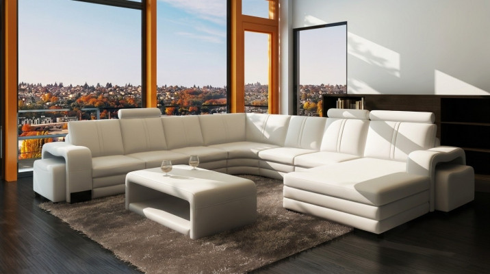 Grouss Wunnlandschaft Sofa Polster Eckgarnitur + Hocker Couch Dësch Komplett Set