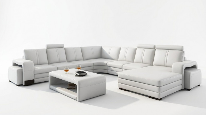 Grouss Wunnlandschaft Sofa Polster Eckgarnitur + Hocker Couch Dësch Komplett Set