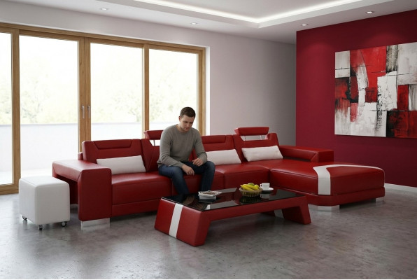 Garnitur Miwwelen Wunnzëmmer Komplett Set 3 Stéck. Ecksofa, Sofa, Hocker, Dësch