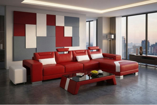 Garnitur Miwwelen Wunnzëmmer Komplett Set 3 Stéck. Ecksofa, Sofa, Hocker, Dësch